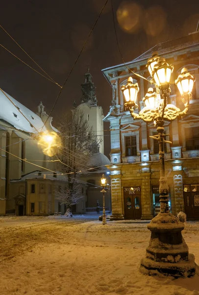 Lviv Ukraine Février 2018 Belle Nuit Hiver Rynok Square Paysage — Photo