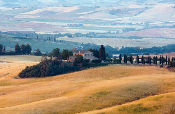 Toscana Italien Juni 2017 Vackra Landskapet Sommar Morgon Soluppgången Landsbygden — Stockfoto