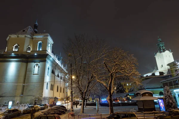 Lviv Ucrania Febrero 2018 Hermoso Paisaje Urbano Nocturno Invierno Centro — Foto de Stock