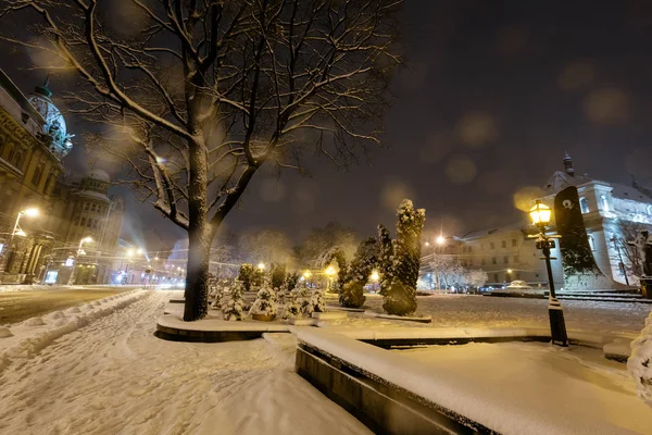 リヴィウ ウクライナ 2018 センターのリヴィウ市都市景観の冬を美しい夜 いくつかのレンズ フレア Flrom ランプと利用可能な雪の結晶 — ストック写真
