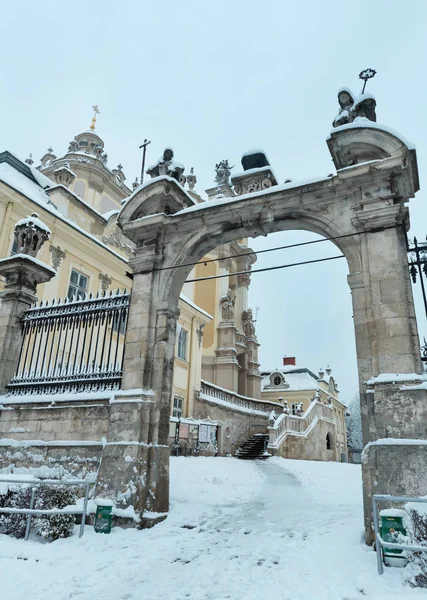 LVIV, UKRAINE - DECEMBER 04, 2017: St. George Cathedral (build in 1746-1762, designed by architect Bernard Meretyn and sculptor Johann Georg Pinsel). Overcast early morning winter cityscape. — Stock Image Lviv Ukraine December 2017 George Cathedral Build 1746 1762 Designed Stock Photo