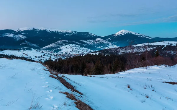 Crepúsculo Noite Inverno Neve Coberto Alp Gorgany Cordilheira Ucrânia Montanhas — Fotografia de Stock