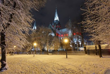 Güzel gece kış Sts. Olha Kilisesi ve Elizabeth Lviv, Ukrayna aydınlatılmış. Yıl 1903-1911 inşa.