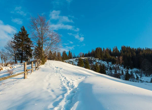 Paesaggio Invernale Mattina Pittoresco Montagna Rurale Percorso Coperto Neve Impronta — Foto Stock