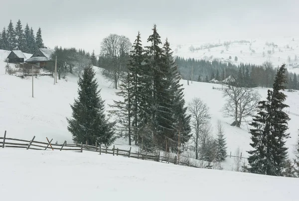 Wcześnie Rano Zima Góry Wieś Krajobraz Jablunytsia Wieś Karpaty Ukraina — Zdjęcie stockowe