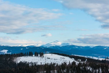 Akşam alacakaranlık kış bulutlu gün kar kaplı alp dağ sırtı (Ukrayna, Karpat Dağları, Chornohora aralığı - Hoverla ve diğer bağlar, Yablunytsia pass görünümünden sahne).