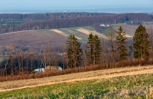 Våren Morgonen Landsbygdens Land Landskap Med Plöjt Åkrar Kullar Träd — Stockfoto