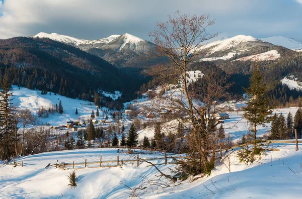 冬の朝風景静けさ平和山 Dzembronya 村郊外の丘と美しい Chornohora Alp リッジ ウクライナ カルパティア山脈にビュー — ストック写真