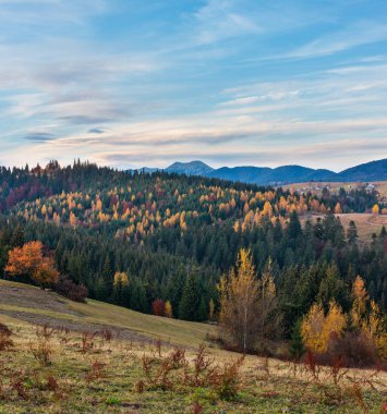 Akşam alacakaranlık Karpat Dağları ve köy köyler yamaçlarında (Yablunytsia Köyü ve geçmek, Ivano-Frankivsk oblast, Ukrayna).