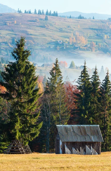 朝の霧 の彩り カルパティア山脈 Yablunytsia イヴァーノ フランキーウシク州 ウクライナ の斜面に木の小屋 秋の田園風景 — ストック写真