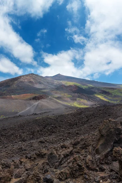 Steinige Magmafelder Zwischen Sommerlichen Kratern Des Ätna Vulkans Sizilien Italien — Stockfoto