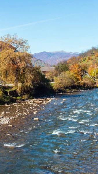 Осенний Карпатский Горный Пейзаж Реки Белая Тыса Разноцветными Желто Оранжево — стоковое фото