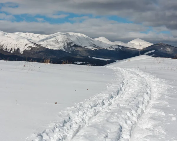 Kälkhockey Trace Och Fotavtryck Vintern Bergstopp Hill Och Snö Täckta — Stockfoto