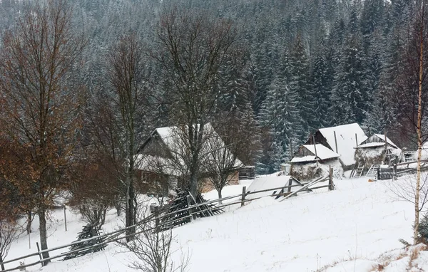 Early morning winter mountain village landscape (Jablunytsia village, Carpathian Mountains, Ukraine). Overcast windy bad weather with some blizzard.