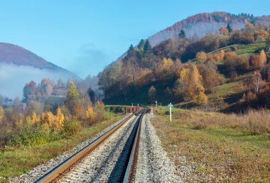Sonbahar Karpat Dağları puslu, yatay, demiryolu Köprüsü ve köy sınırı (Rakhiv bölgesi, Transcarpathia, Ukrayna).