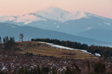 Sabahın erken saatlerinde Ukrayna 'nın karla kaplı tepeleriyle Karpat dağları yaylası.