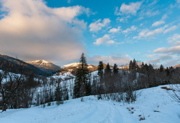 Sunrise morning winter scenery picturesque alp mountain ridge (Ukraine, Carpathian Mountains, Chornohora Range). Tranquility peaceful view from Dzembronya village rural snow covered path.