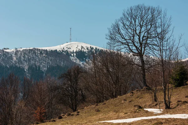 Tidigt Våren Karpaterna Platå Landskap Med Kommunikation Torn Snötäckta Åsen — Stockfoto