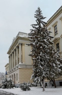 Güzel bir gece kış cityscape Lviv merkezi City, Ukrayna. Lviv Politeknik Ulusal Üniversitesi ana bina cephe ve giriş.