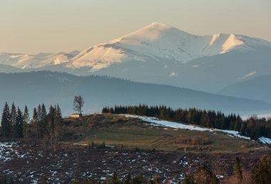 Sabahın erken saatlerinde Ukrayna 'nın karla kaplı tepeleriyle Karpat dağları yaylası.