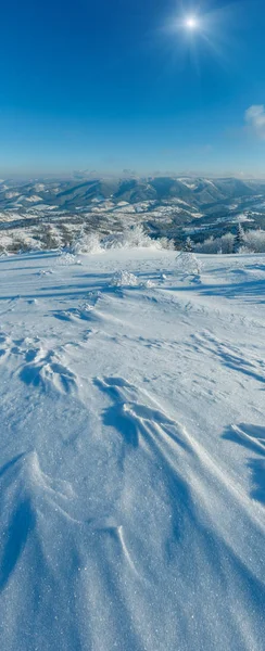 Güneşli Kış Sakin Dağ Manzara Güzel Süs Ağaçları Snowdrifts Yamaç — Stok fotoğraf