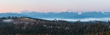 Sabahın erken saatlerinde Ukrayna 'nın karla kaplı tepeleriyle Karpat dağları yaylası.