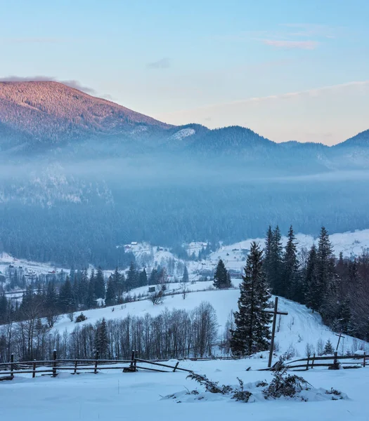 Salida Del Sol Mañana Invierno Pueblo Montaña Las Afueras Valle — Foto de Stock