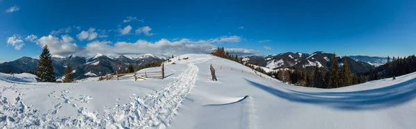 冬晨风光风景如画的山地乡村积雪覆盖的道路和足迹在山顶上 乌克兰 Dzembronya 宁静祥和的村庄郊区 — 图库照片