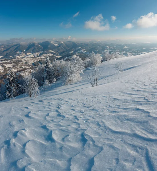 Zimowy Ranek Spokojny Krajobraz Górski Pięknym Lukier Drzew Zaspy Stoku — Zdjęcie stockowe