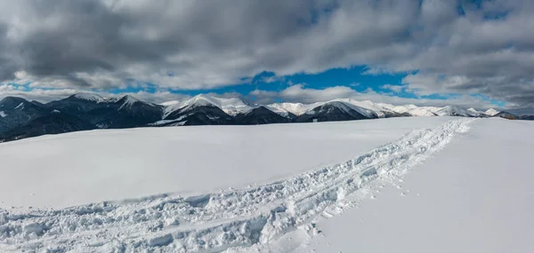 冬の山の丘の上にトレースと足跡をそりし 雪の覆われた美しいアルプ Chornohora リッジ Dzembronya 村はずれからウクライナ カルパティア山脈 静かな静かなビュー — ストック写真