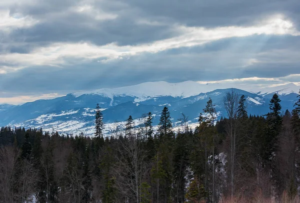 傍晚冬雪覆盖的阿尔卑斯山脊和太阳射线从阴天多云天空 乌克兰 喀尔巴阡山脉山脉 Svydovets — 图库照片