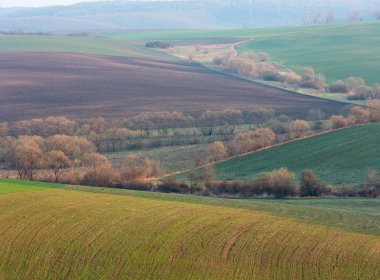 Kırsal ülke yatay, tepeler, ağaçlar ve bahçeleri vadilerde tarımsal alanların sürülmüş sabah bahar. İhale hassas gündoğumu ışık sürülebilir ve büyüme tarım arazileri.