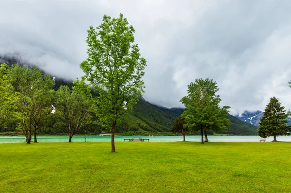 緑の草原と木製係留 オーストリア アッヘンゼー アーヘン湖 夏の風景 — ストック写真