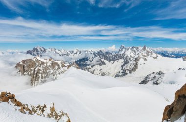 Mont Blanc kayalık dağ massif yaz görünümü Aiguille du Midi Dağı, Chamonix, French Alps