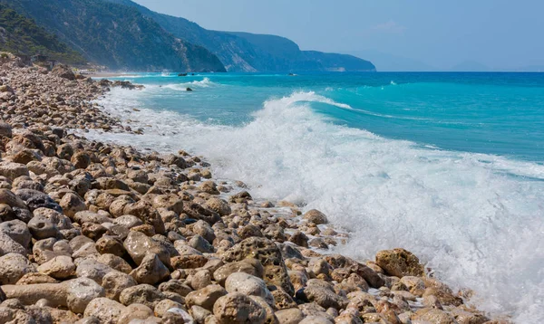 Vacker Sommar Lefkas Kusten Stenig Strand Grekland Joniska Havet — Stockfoto