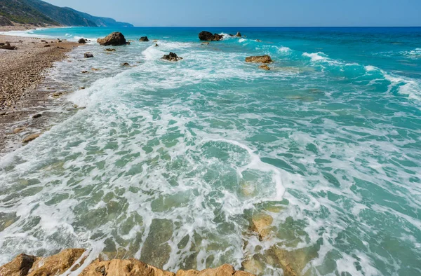 Vacker Sommar Lefkas Kusten Stenig Strand Grekland Joniska Havet — Stockfoto