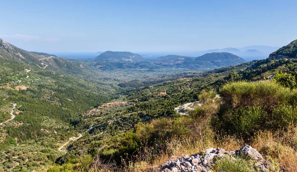 Nebliges Sommerlich Hügeliges Küstenpanorama Griechenland Lefkada Blick Von Oben — Stockfoto