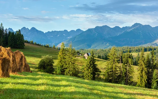 夏山村庄郊区与干草堆和 Tatra 范围在后面 — 图库照片