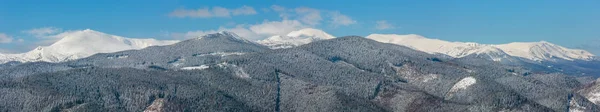 从乌克兰斯库波娃山坡欣赏风景如画的冬季山脉全景 可欣赏到 Chornohora 山脊和 Pip Ivan 并设有观景台大楼 喀尔巴泰 — 图库照片