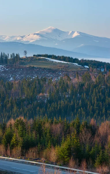 Wczesnym Rankiem Karpaty Krajobraz Płaskowyżu Gór Pokrytymi Śniegiem Szczytami Grzbietów — Zdjęcie stockowe