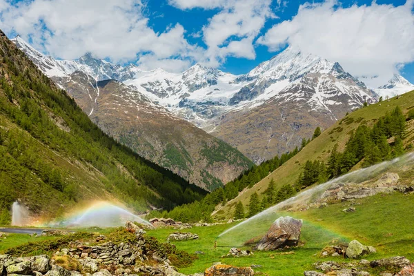 灌溉用水的彩虹滔滔不绝地在夏天阿尔卑斯山 策尔马特附近 — 图库照片