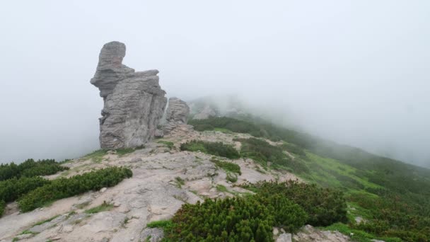 Sommerbergrücken Mit Großen Vertikalen Steinigen Felsen Wind Mit Niedrigen Wolken — Stockvideo