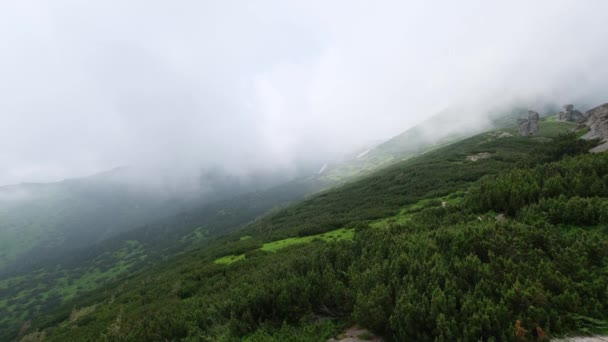 夏季山脊 有大石岩 风与低云和雾 卡尔帕蒂安 乔诺霍拉 武哈蒂伊 卡明伊 乌克兰 — 图库视频影像