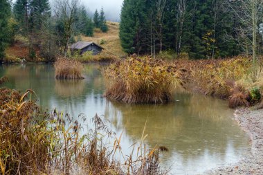 Alp Gölü Geroldee veya Wagenbruchsee, Bavyera, Almanya. Sonbahar bulutlu, sisli ve çiselemeli bir gün. Resimli seyahat, mevsimsel, hava ve kırsal doğa güzellik konsepti.