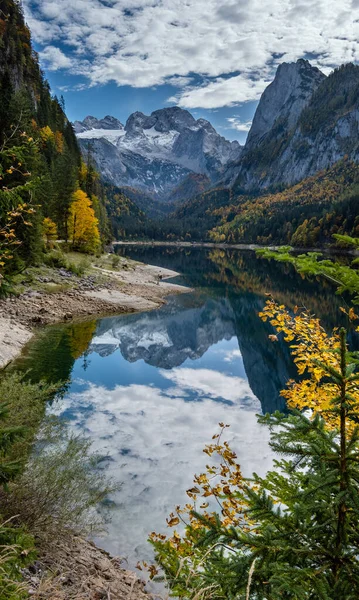 Zonnig Idyllisch Kleurrijk Herfst Alpine Uitzicht Rustige Bergplas Met Helder — Stockfoto