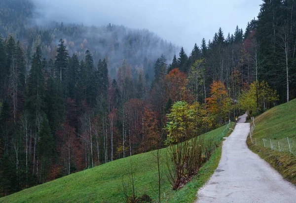 Bewolkt Mistig Herfst Pre Alps Berglandschap Pad Uitzicht Rustige Schilderachtige — Stockfoto