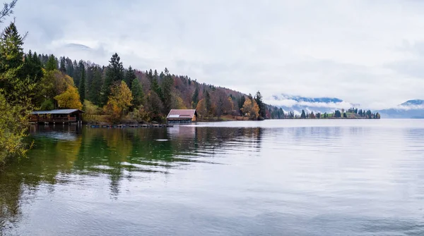 Montagna Autunno Alpino Coperto Vista Lago Walchensee Sera Kochel Baviera — Foto Stock