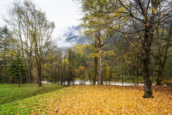 Cloudy Foggy Autumn Alpine Mountain Scene Austrian Lienzer Dolomiten Alps — Stock Photo, Image