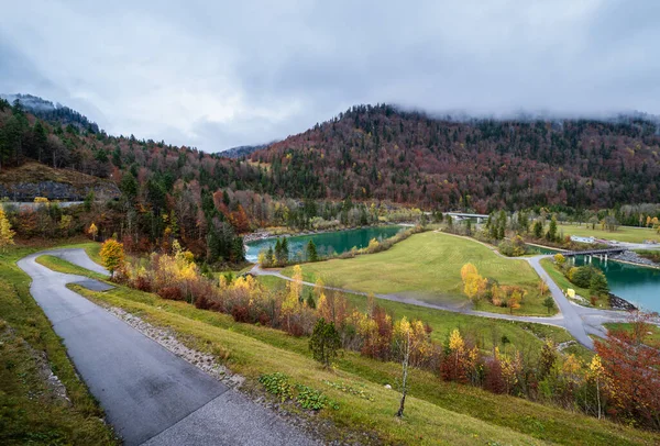 Alpejska Rzeka Isar Most Isarbrucke Widok Sylvenstein Stausee Tamy Bawaria — Zdjęcie stockowe