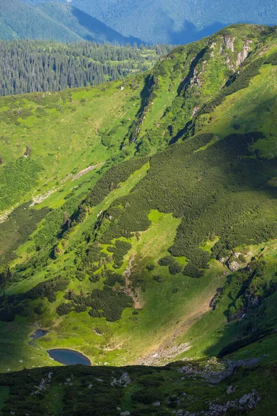 Sommerliche Berglandschaft Mit Kleinem See Weiter Ferne Blick Vom Marmaros — Stockfoto